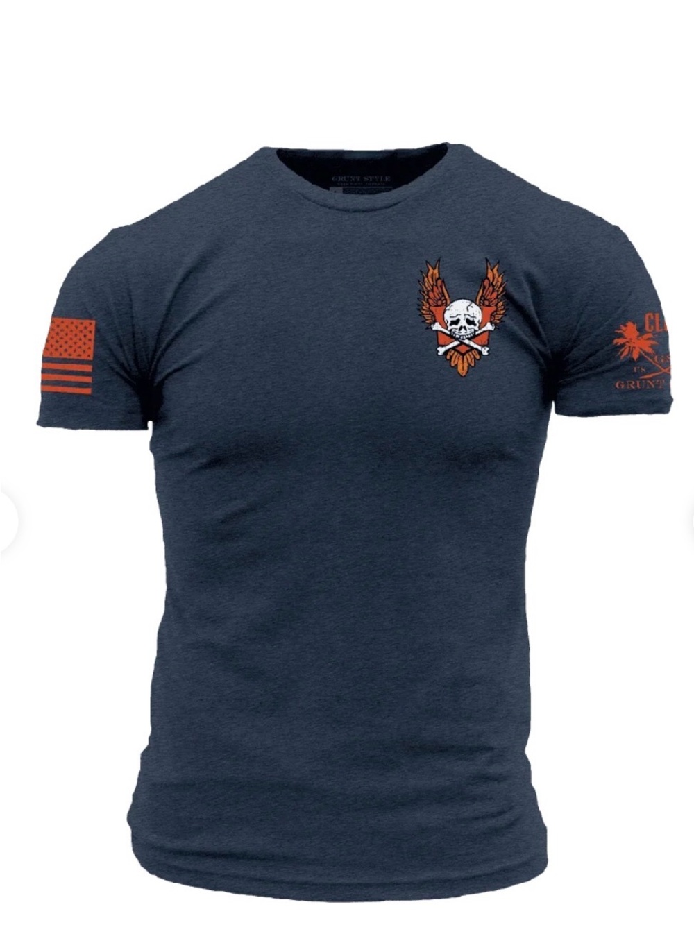 Grunt Style Navy T-Shirt with Orange Skull & Wings Graphic